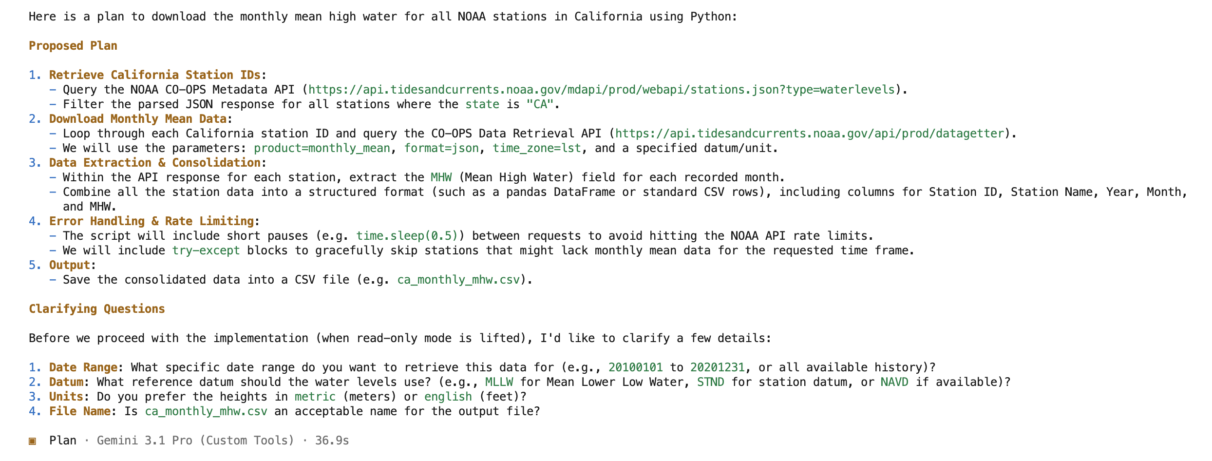 Plan mode prompt answer showing the various proposed steps and supplemtal infomration requests