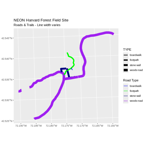 Roads and trails in the area demonstrating how to use different line thickness and colors.